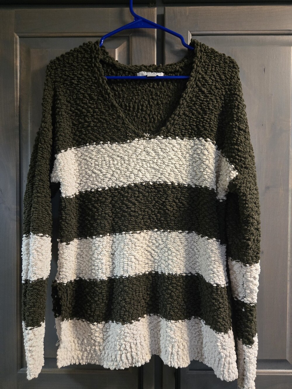 Favlux Cozy Olive & Cream Striped V-Neck Women's Sweater